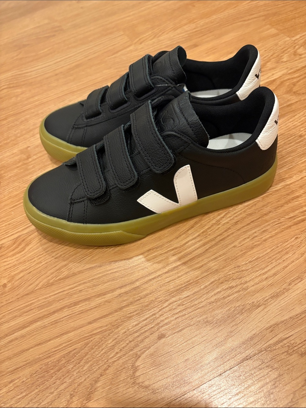 Veja Black Leather Sneakers with White V and Olive Sole